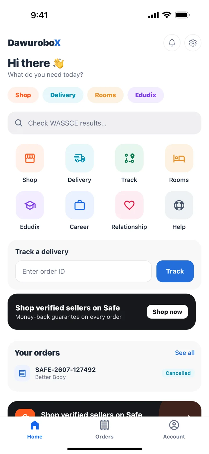 The Dawurobo X home screen with shopping, delivery and tracking