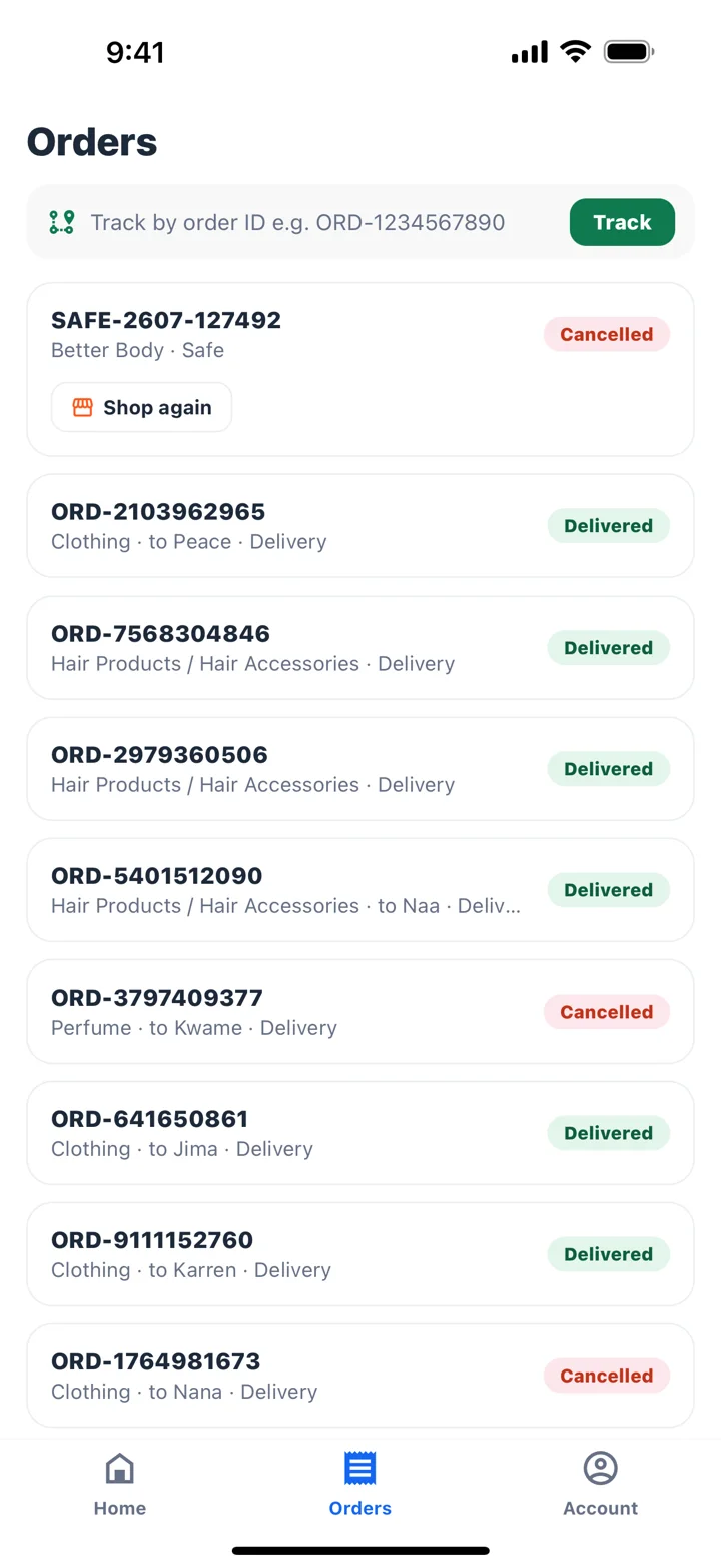 A customer's order history in Dawurobo X