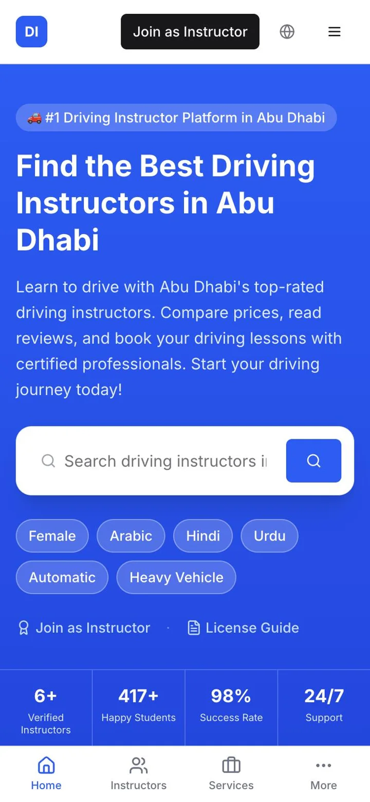 The DrivingInstructor.ae home page on a phone