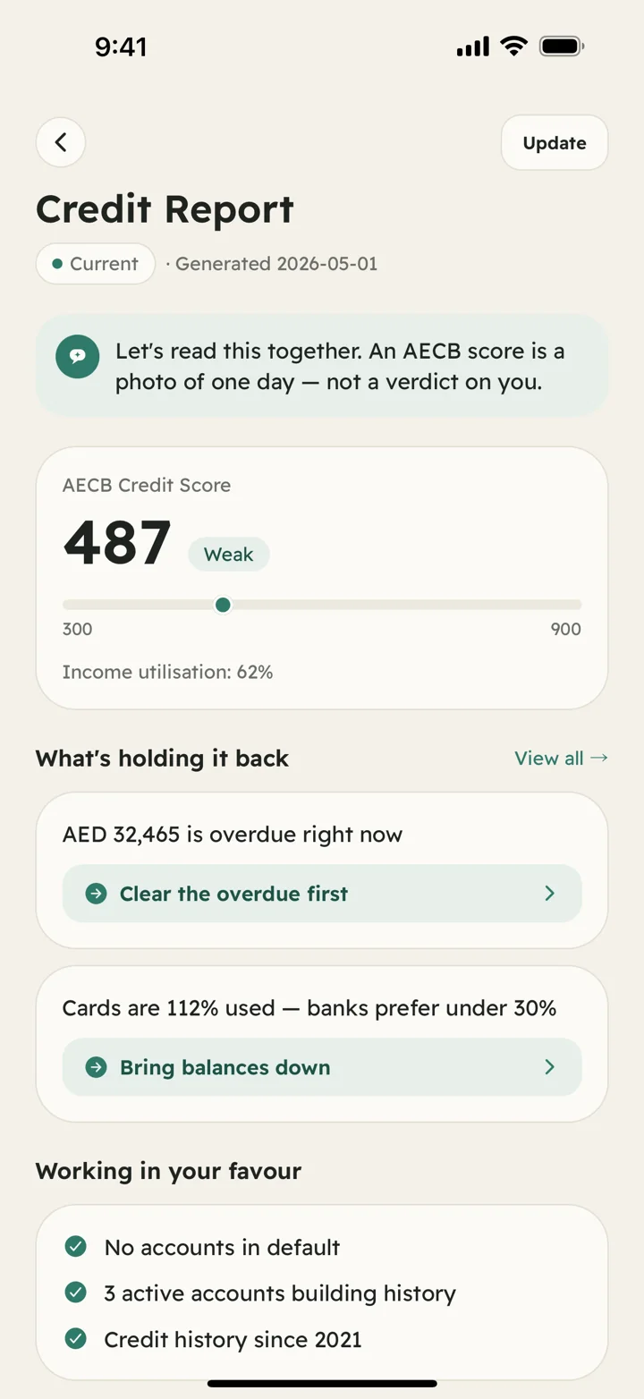 Hisab explaining an AECB credit report