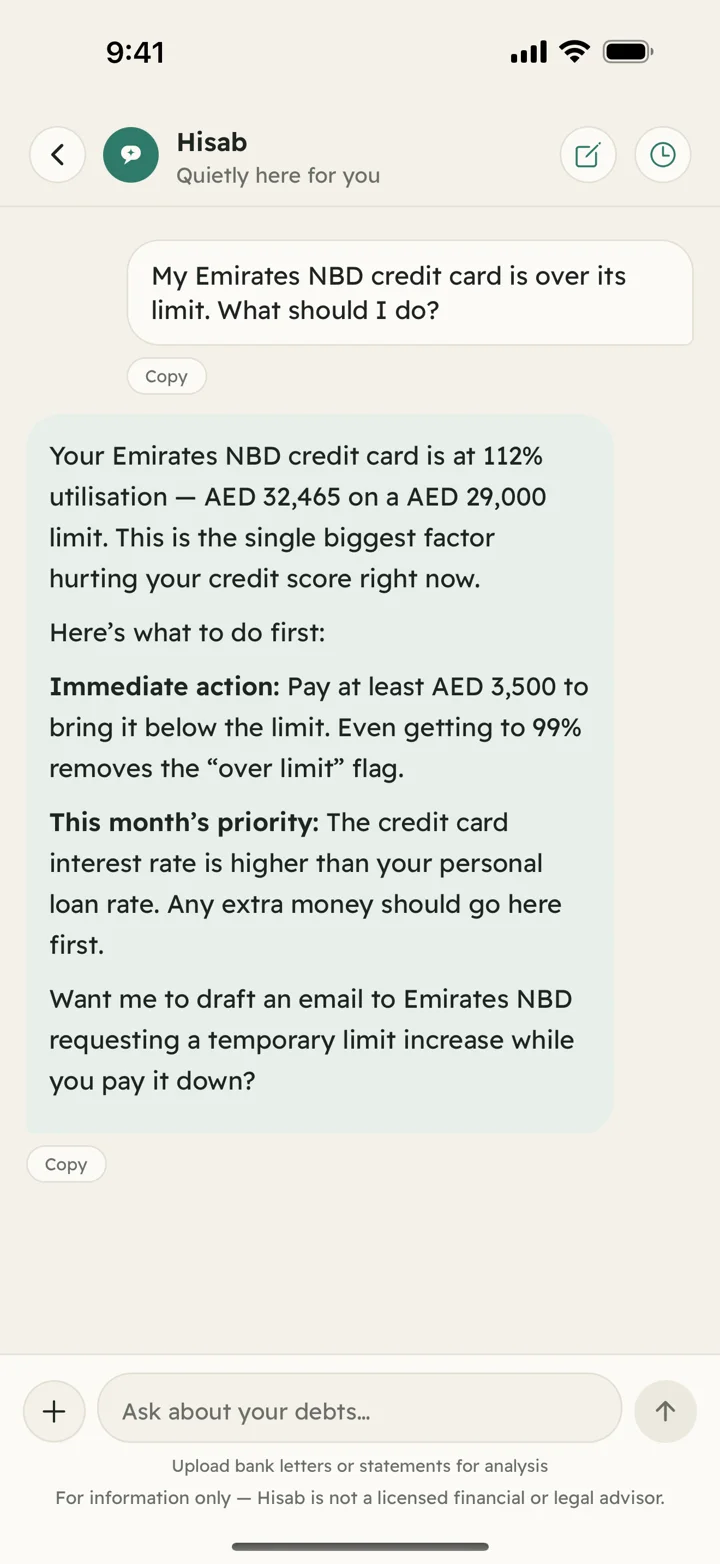 Hisab's AI coach answering a question about a credit card that is over its limit