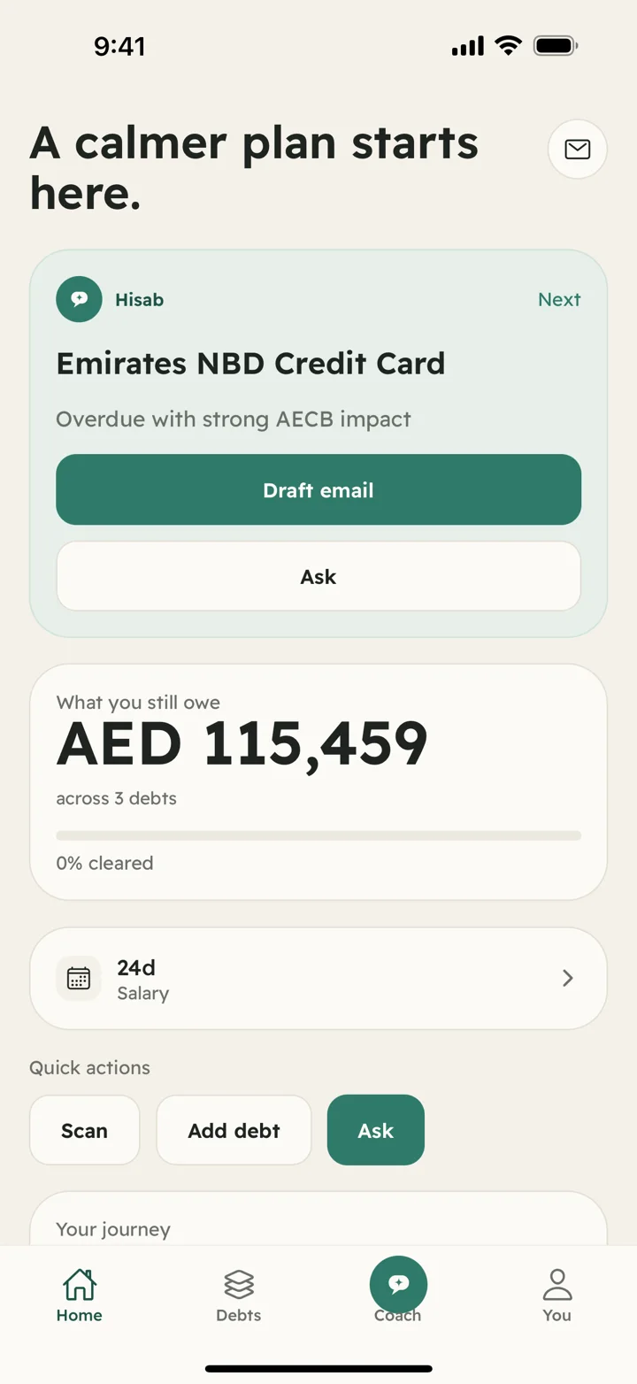 The Hisab home screen, showing what is still owed and the next payment to make
