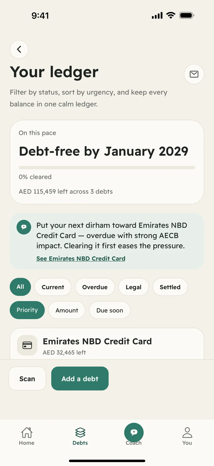 The Hisab debt ledger with a debt-free date