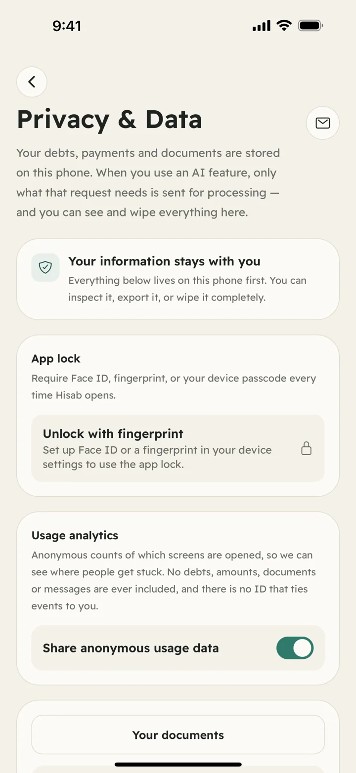 Hisab's privacy and data settings