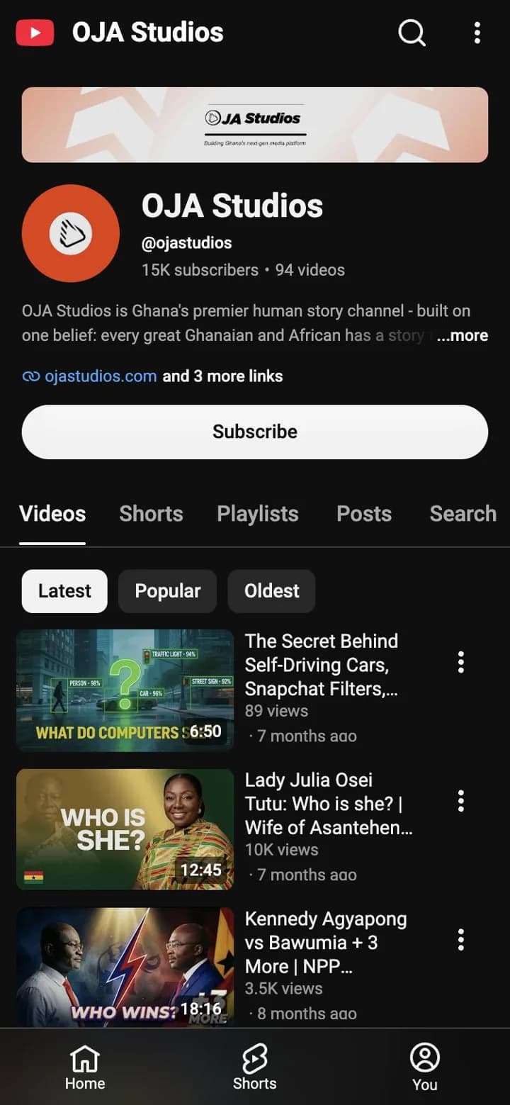 The OJA Studios channel on YouTube